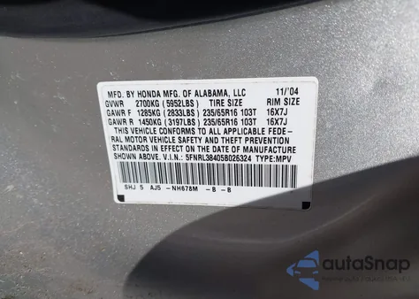 2005 Honda Odyssey Ex z USA, uszkodzony, nr VIN 5FNRL38405B026324